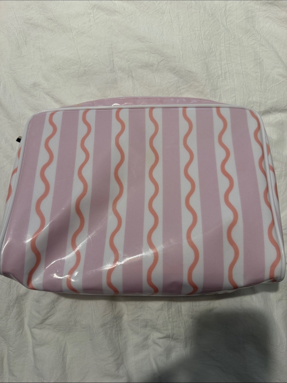 Pink Striped Cosmetic Pouch with Coral Wave Accents